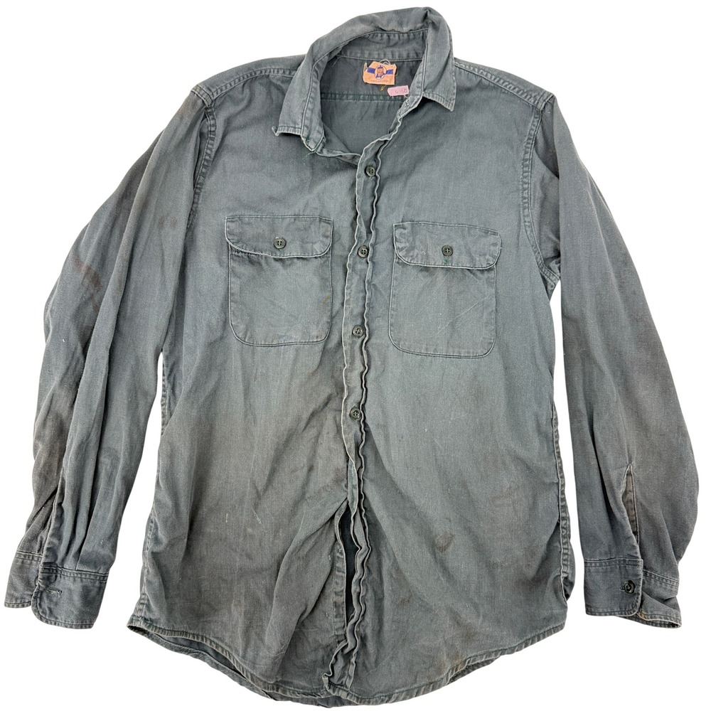 Vintage 50s 60s Blue Bell Sanforized Work Shirt Gray Distressed USA Mens 15.5
